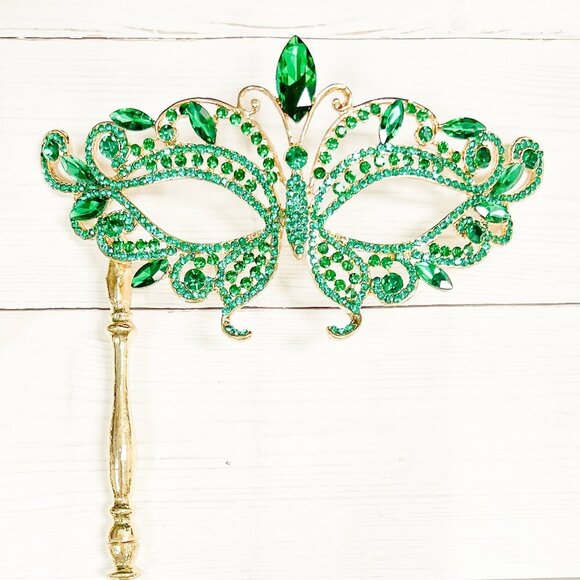 Masquerade Mask with Stick, Wedding Party Gold Mask, Prom Crystal Green Mask - Picture 1 of 6
